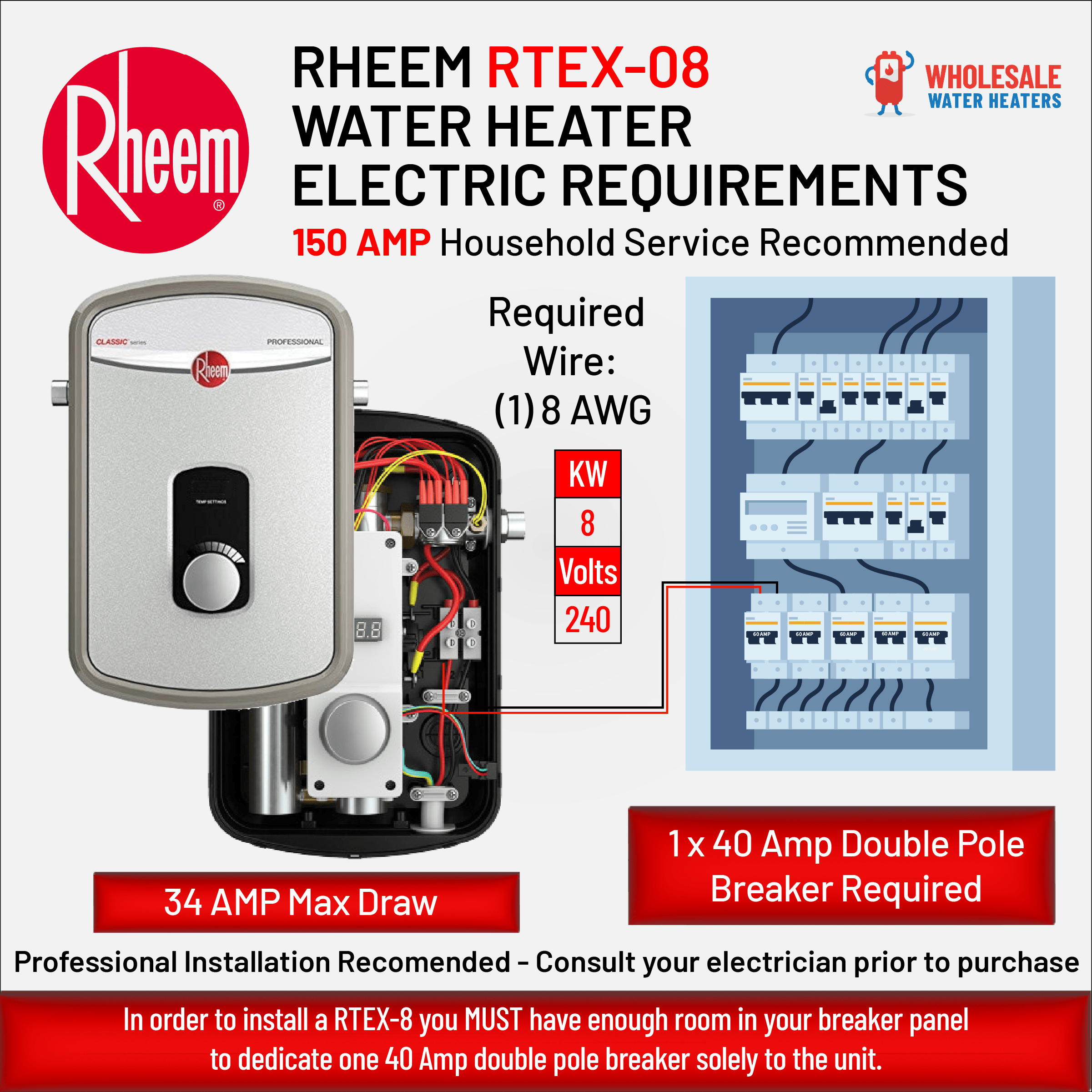 RHEEM RTEX-08 8kw 240v Tankless, Instant Electric Water Heater