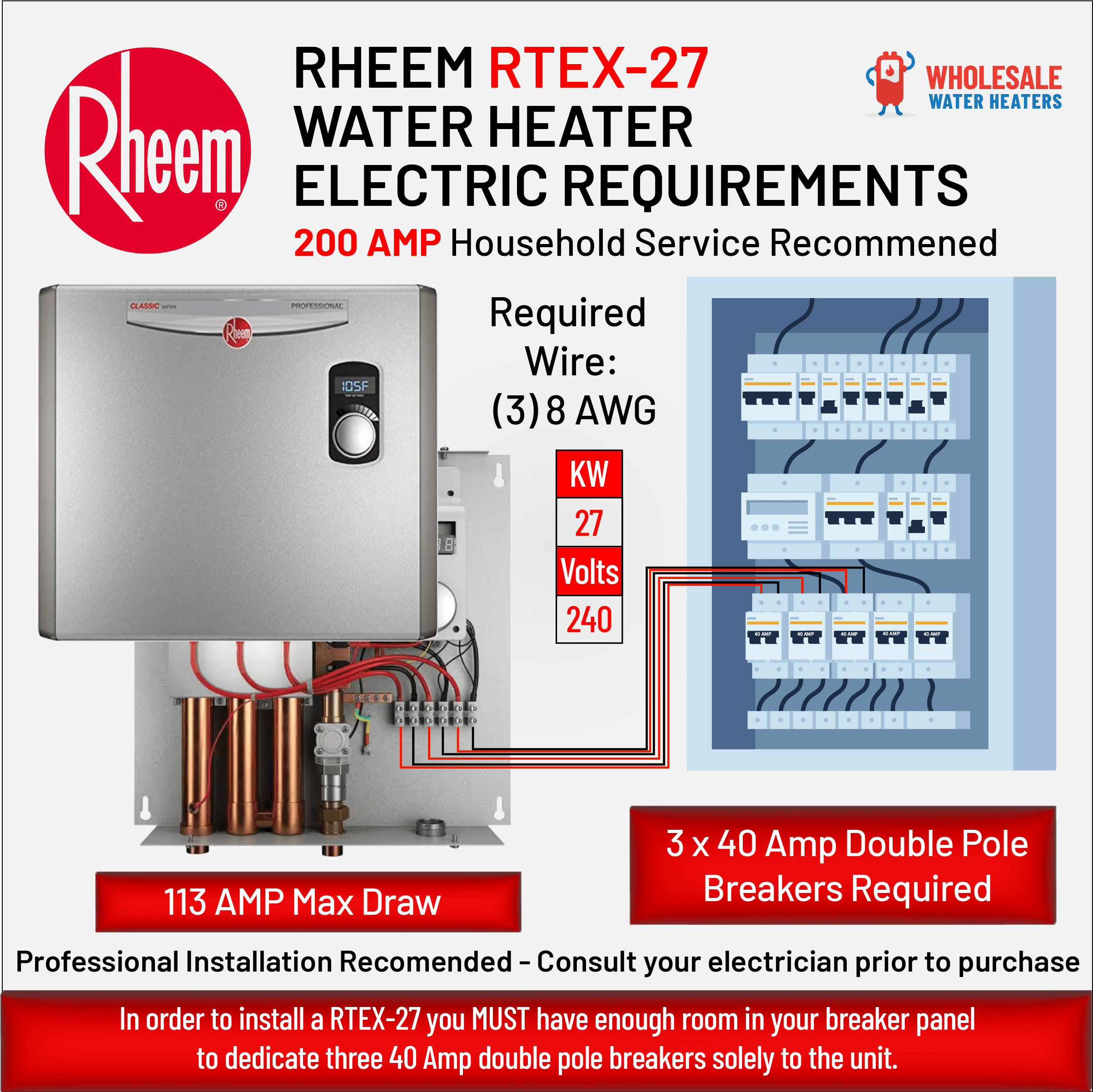 RHEEM RTEX-27 27kw 240v Tankless, Instant Electric Water Heater
