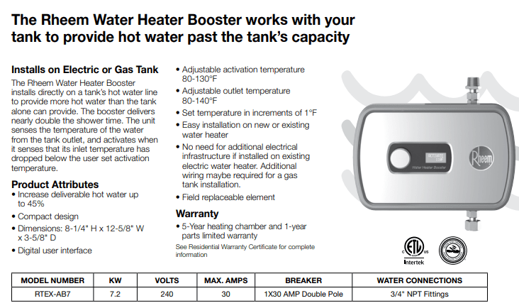 Rheem RTEX-AB7 7.2 kW Electric Water Heater Tank Booster